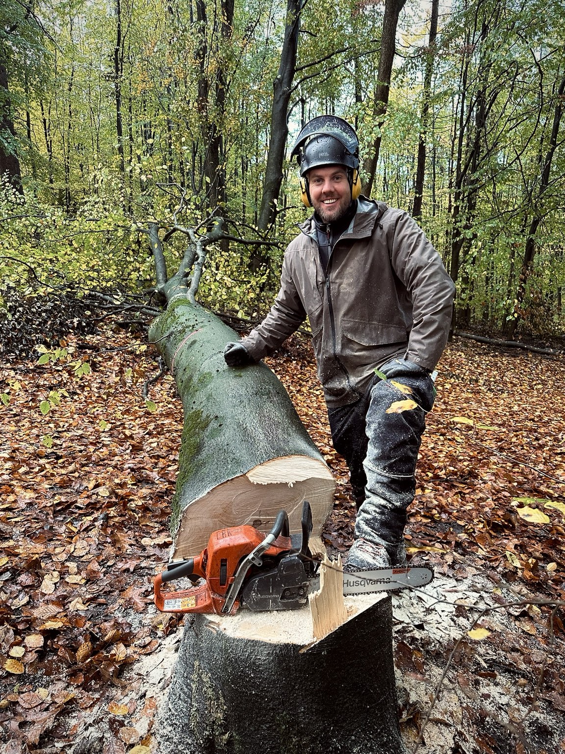 Philipp Lipka im Wald mit Motorsäge